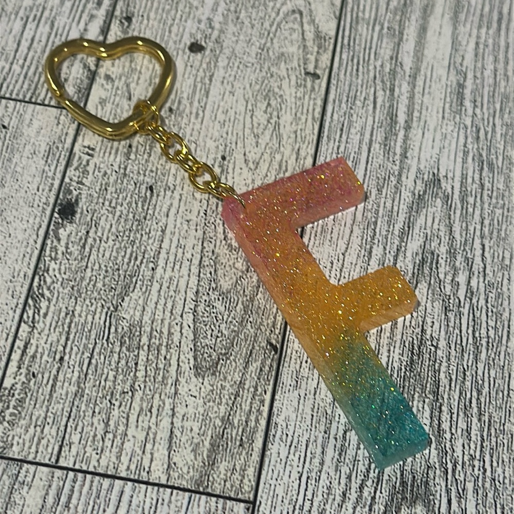 Resin sparkling monogram F key chain handmade